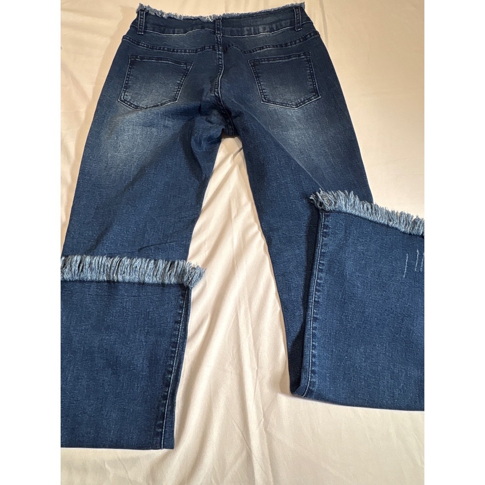 Distressed Frayed Hem Flare Jeans Medium Wash Ripped High Rise Denim Size Large - Picture 2 of 6